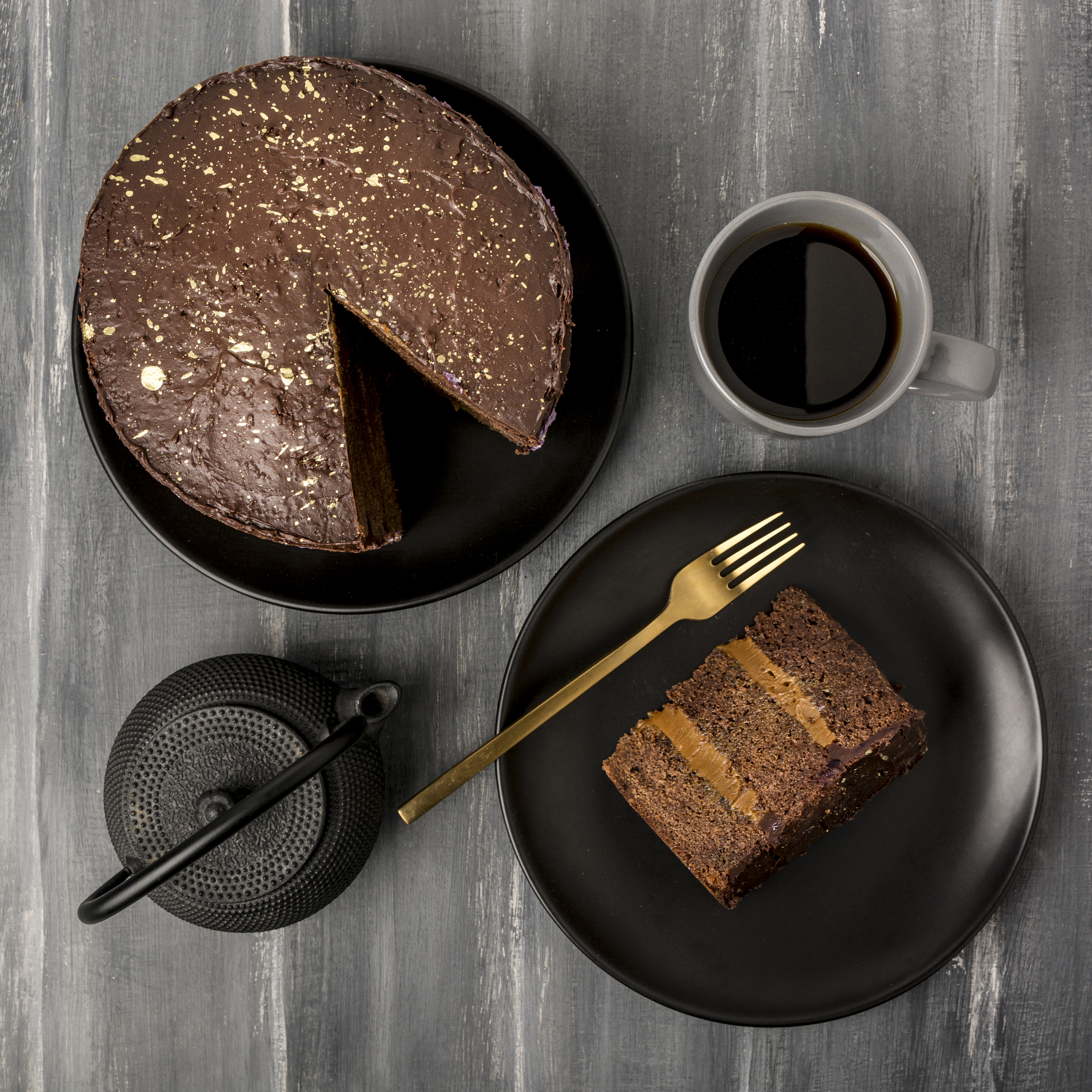 top view cake plate with fork coffee