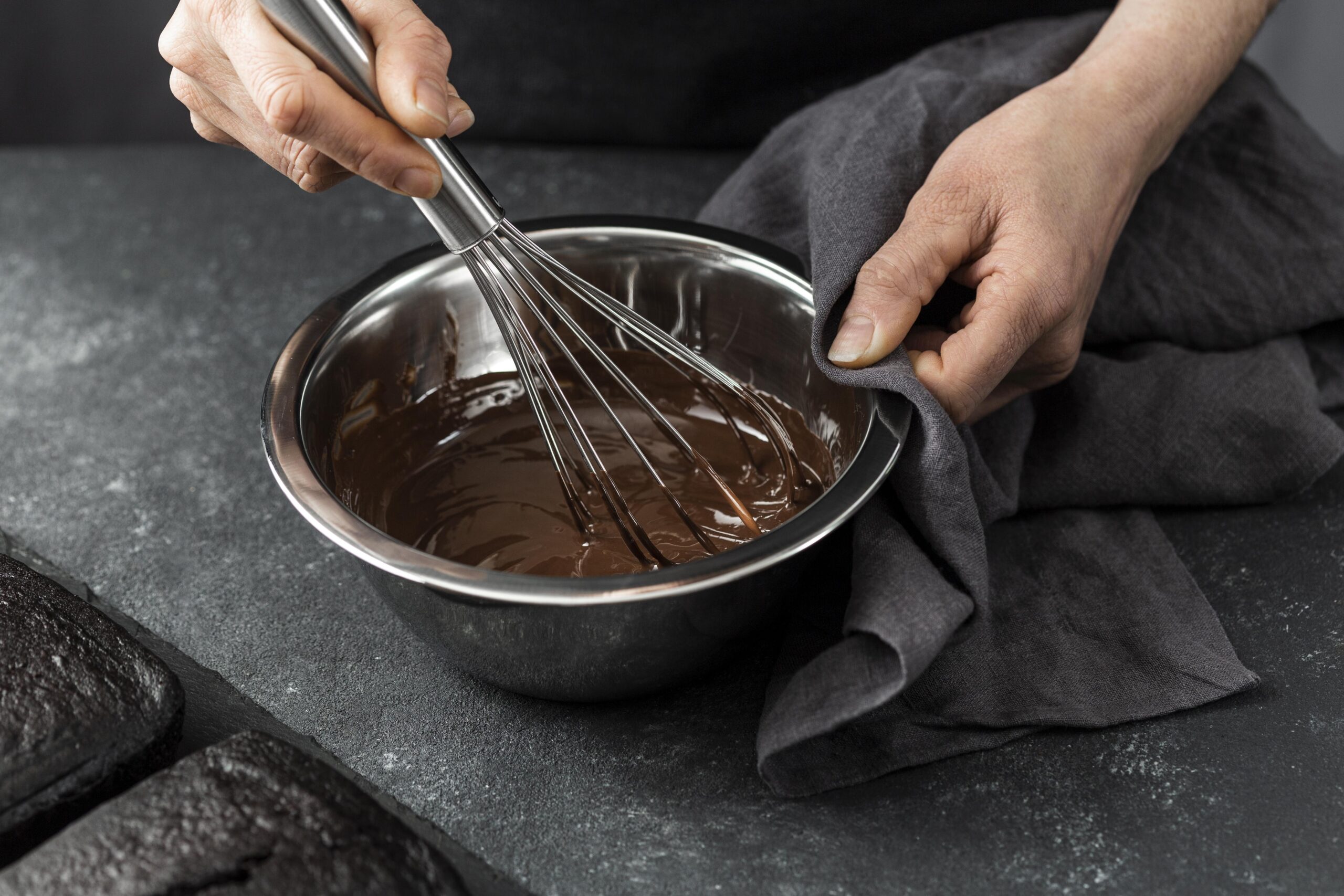 high angle pastry chef preparing chocolate cake scaled